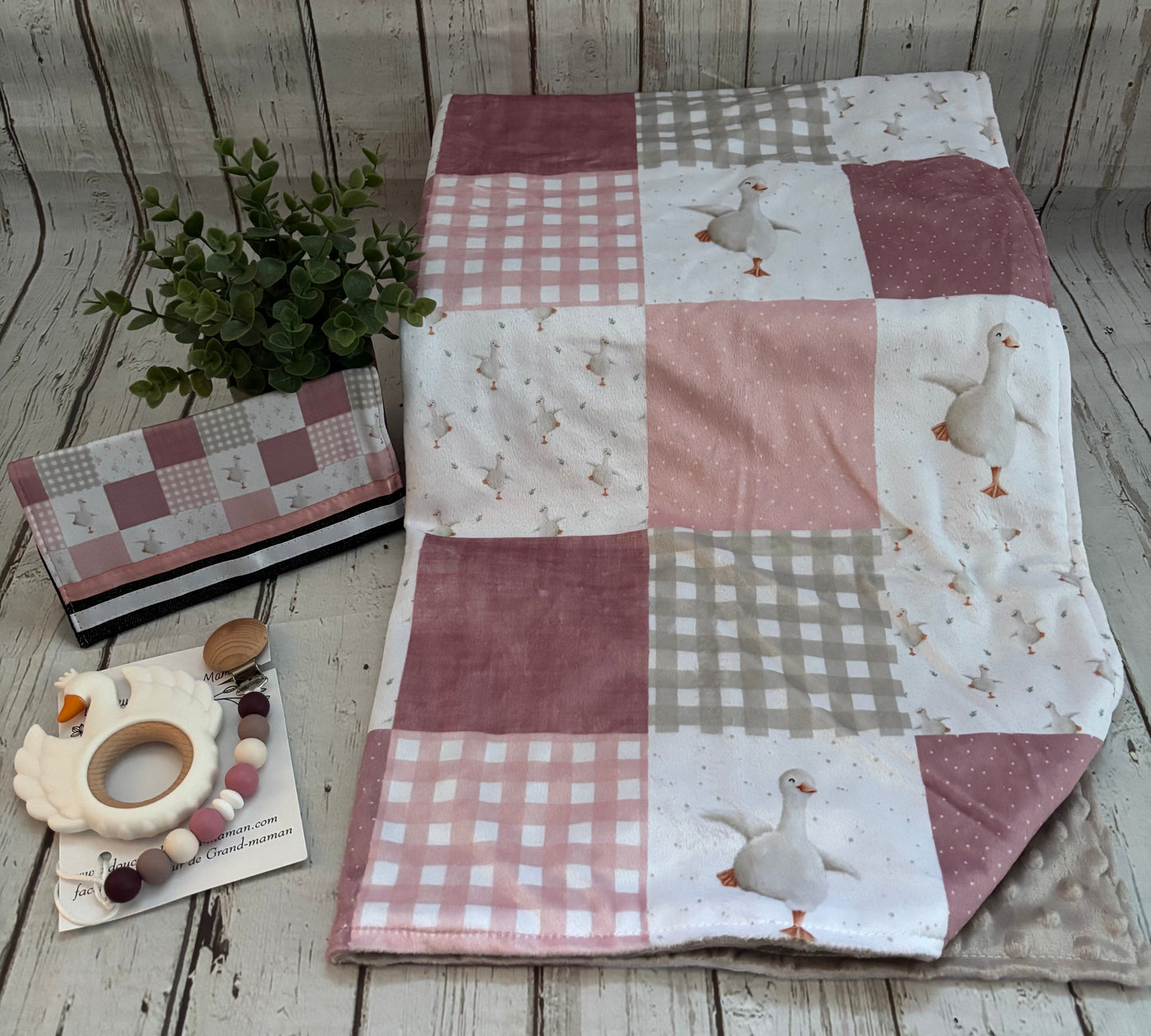 Ensemble cadeau  patchwork oies vieux rose